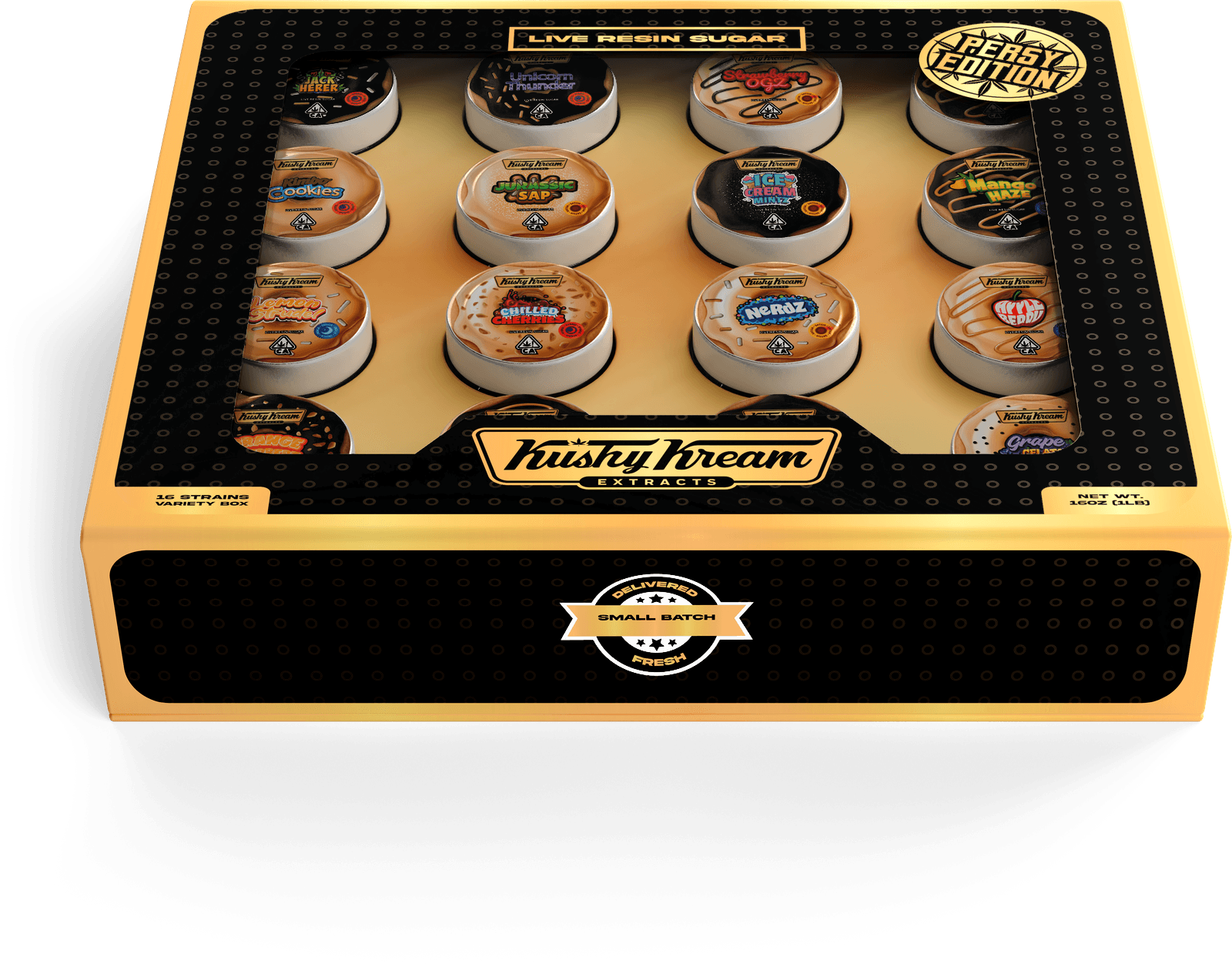 Kushy Kream Persy Edition Live Resin Sugar master box — 16-strain variety box with jar window