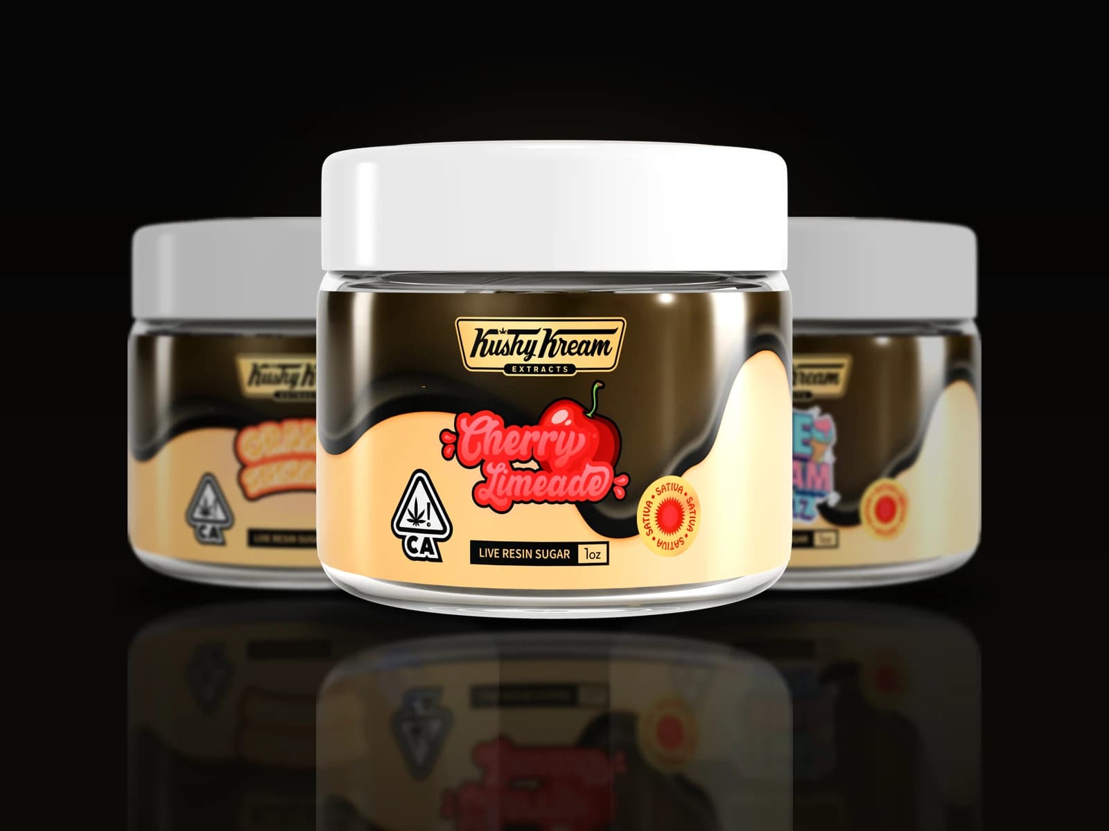 A spread of Kushy Kream live resin jars — multiple flavors in black-and-gold styling